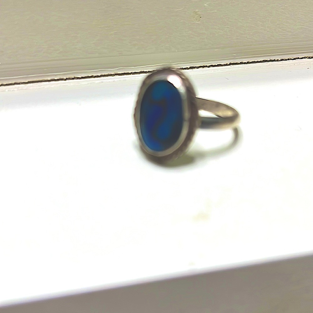 Silver ring with bright blue center.